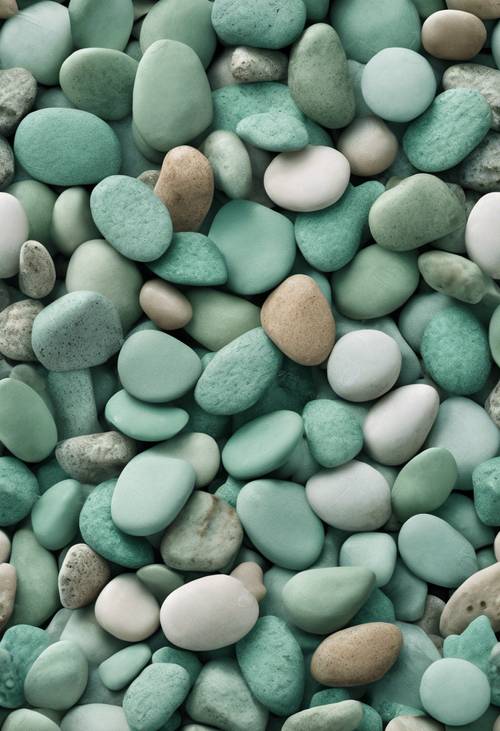A seamless pattern of mint green textured pebbles on a sandy beach setting