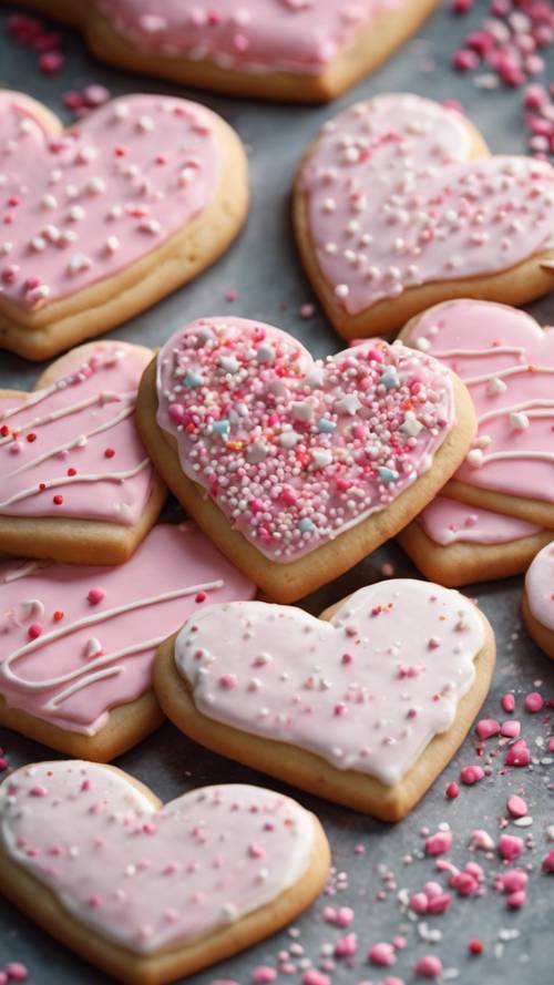 Pembe krema ve serpmelerle süslenmiş, kalp şeklinde tatlı şekerli kurabiyeler.