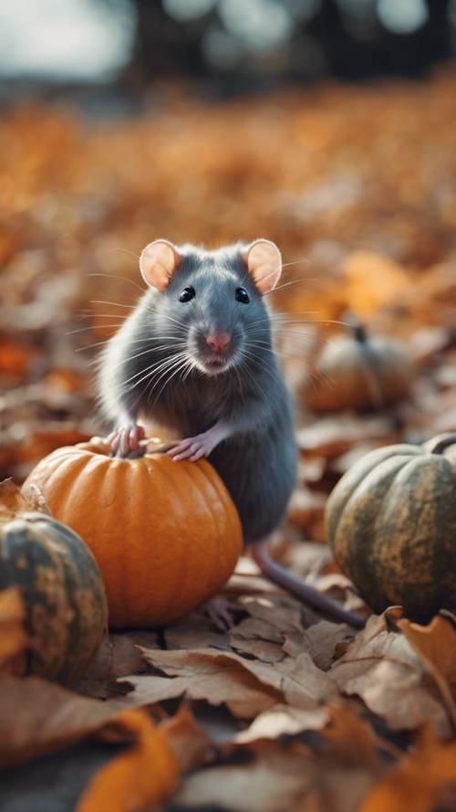 Seekor tikus berbulu panjang dengan rasa ingin tahu menjelajahi labu di hari musim gugur yang berangin.
