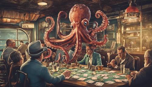 A cartoon of a cool octopus playing cards with various sea animals inside an oyster bar.