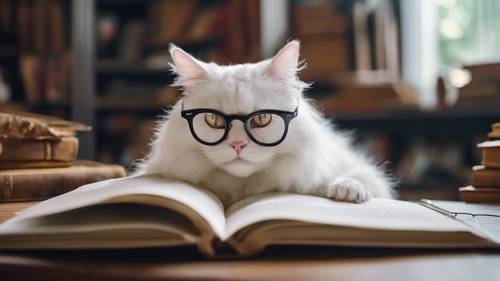 An elderly white cat, wearing reading glasses, looking learned while flipping through a book in an old study room.