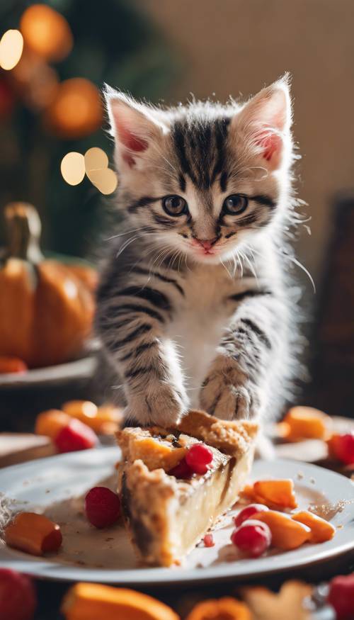 Une image ludique d&#39;un chaton joueur surpris en train de grignoter une tarte de Thanksgiving, les pattes rouges.