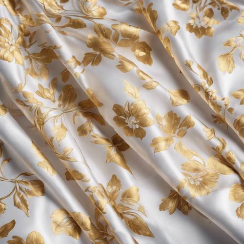 Tela de seda dorada con estampado floral blanco, cuidadosamente doblada y capturada desde arriba.