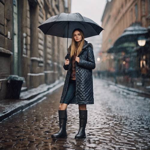 Una ragazza preppy con alti stivali da pioggia e una giacca trapuntata in piedi su una strada acciottolata, sotto la leggera pioggia.