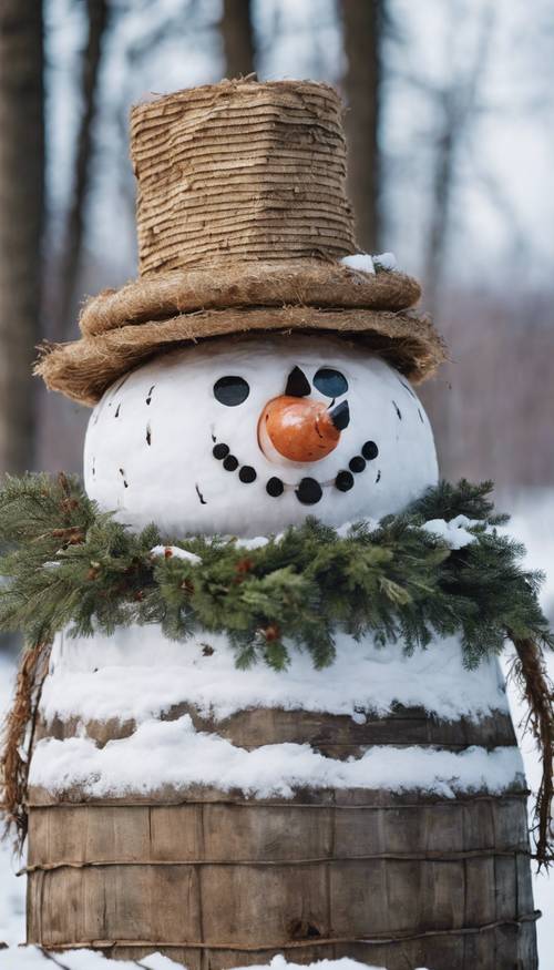 A charming country snowman made of stacked hay bales, decorated with a rusty bucket as a hat, in the middle of a snowy forest.