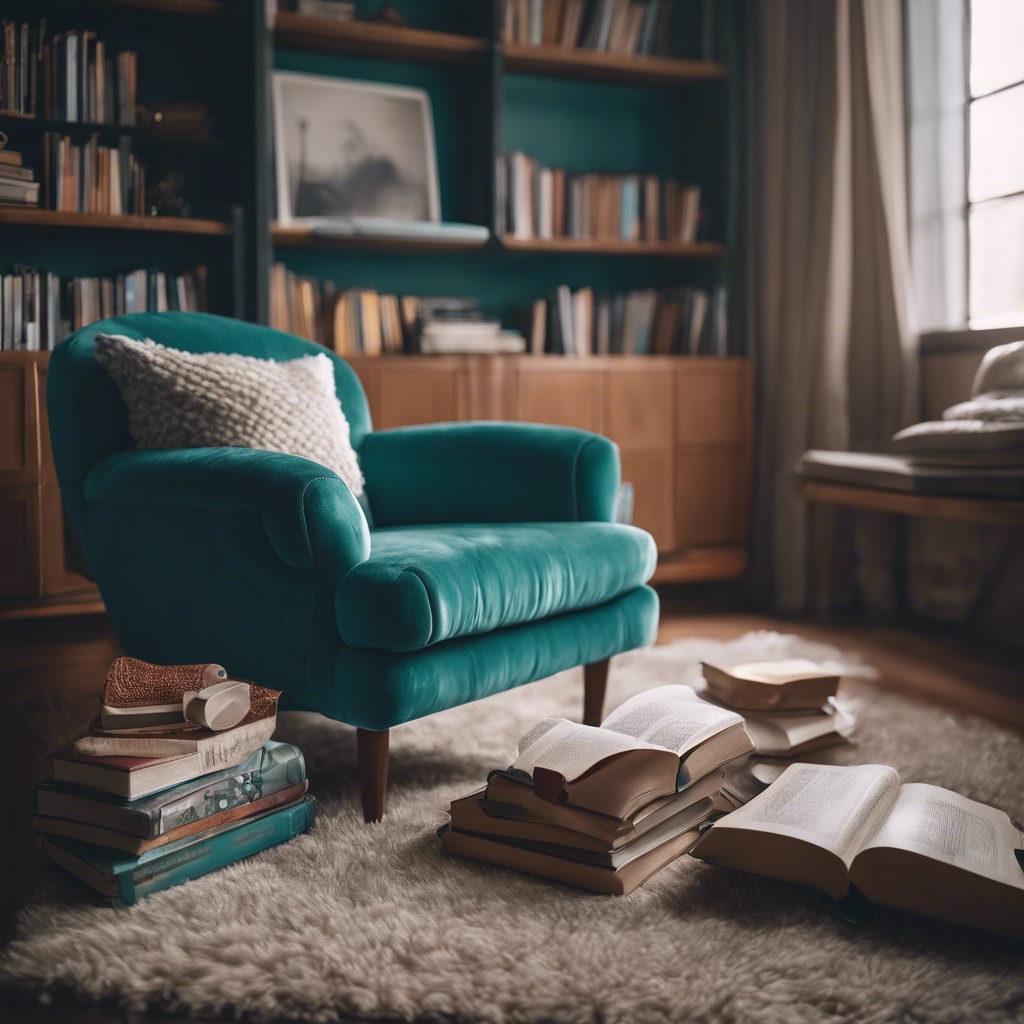 A cozy reading nook with a plushy teal armchair and piled up books Tapeta[0ae925b0833b48878f76]