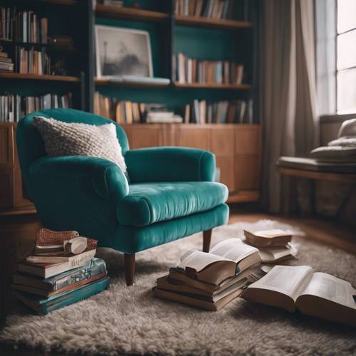 舒適的閱讀角，配有毛絨青色扶手椅和堆疊的書籍