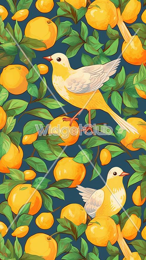 明るく元気な柑橘系の鳥柄の壁紙　