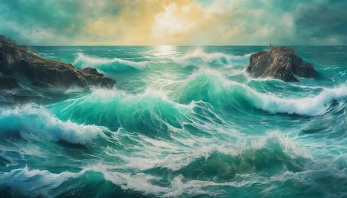 Çalkantılı deniz mavisi suluboyalarla yapılmış dramatik bir deniz manzarası resmi