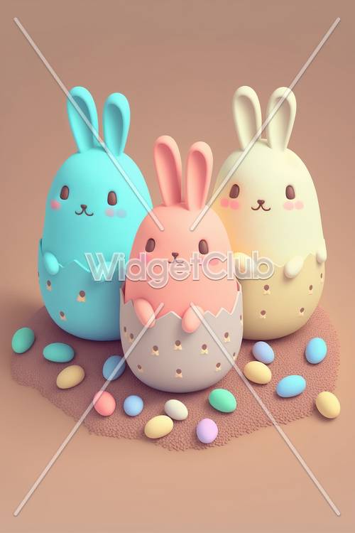 柔和的彩色墊子上可愛的兔子復活節彩蛋