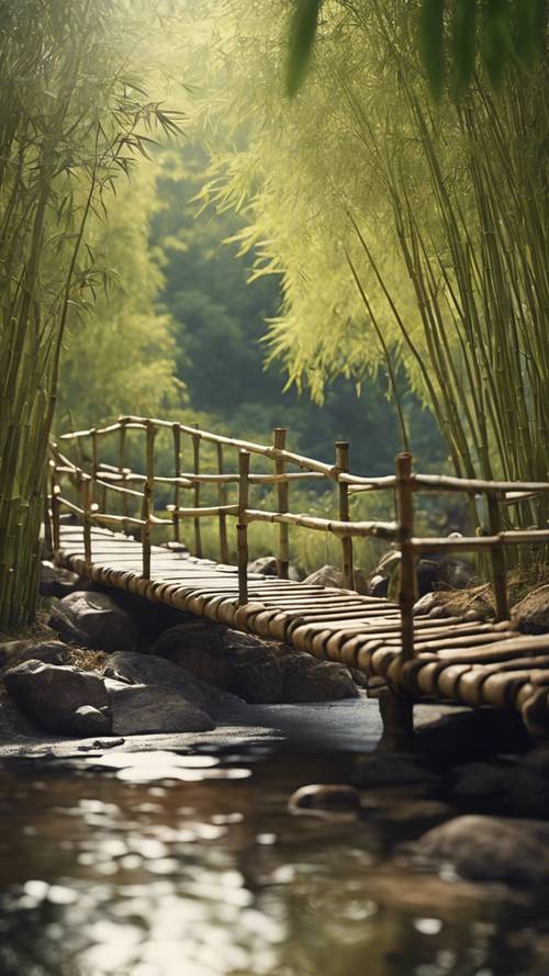 Sebuah jembatan bambu di atas sungai yang tenang di pedesaan