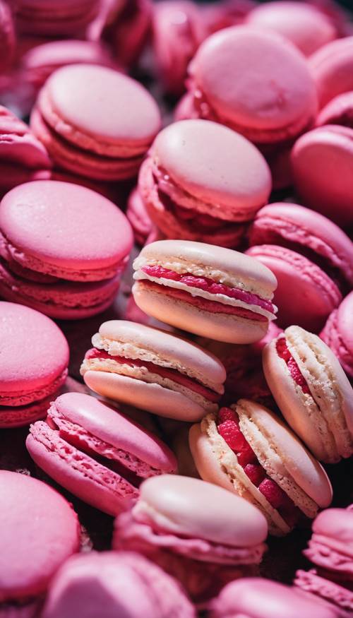 A mouthwatering close-up of pink macarons with raspberry filling.