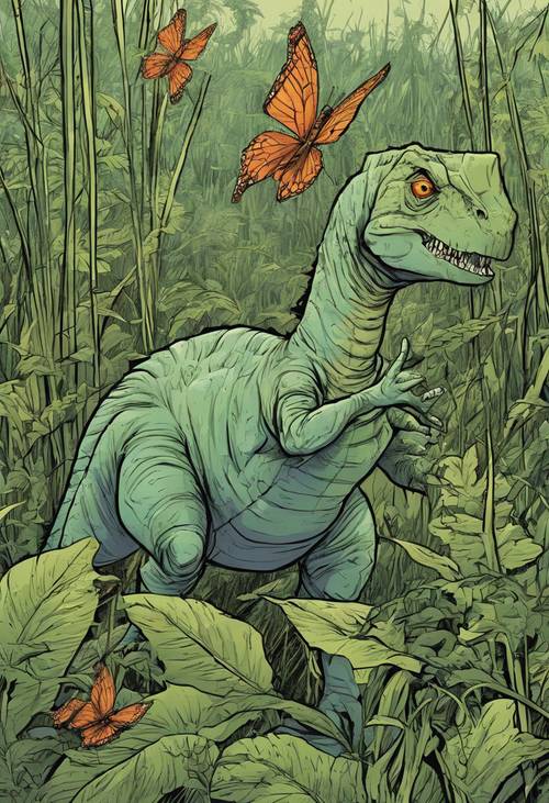 A group of cartoony juvenile dinosaurs mischiefly hiding in a thicket of tall grasses, peering at a lone butterfly.