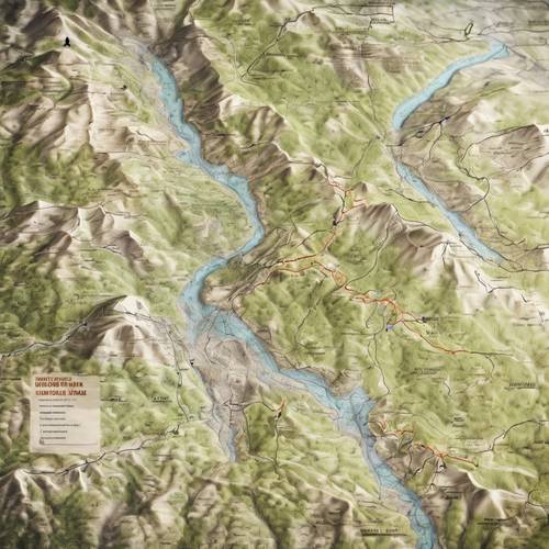 표시된 산책로와 캠프장이 포함된 로키산맥의 지형 하이킹 지도입니다.
