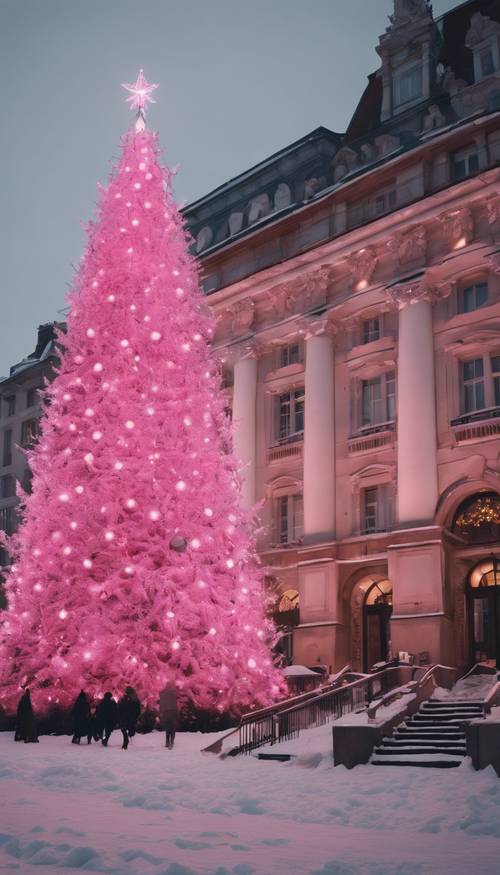 Los edificios de una ciudad iluminados por luz rosa, con un árbol de Navidad gigante en la plaza de la ciudad.