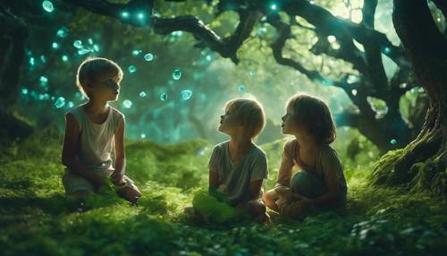 Bambini con la pelle bioluminescente che giocano sotto alberi verdi su un pianeta alieno.