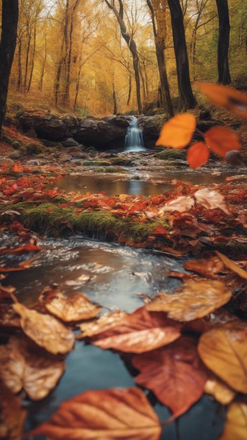 Uma floresta encantadora repleta de folhas coloridas de outono e riachos límpidos.