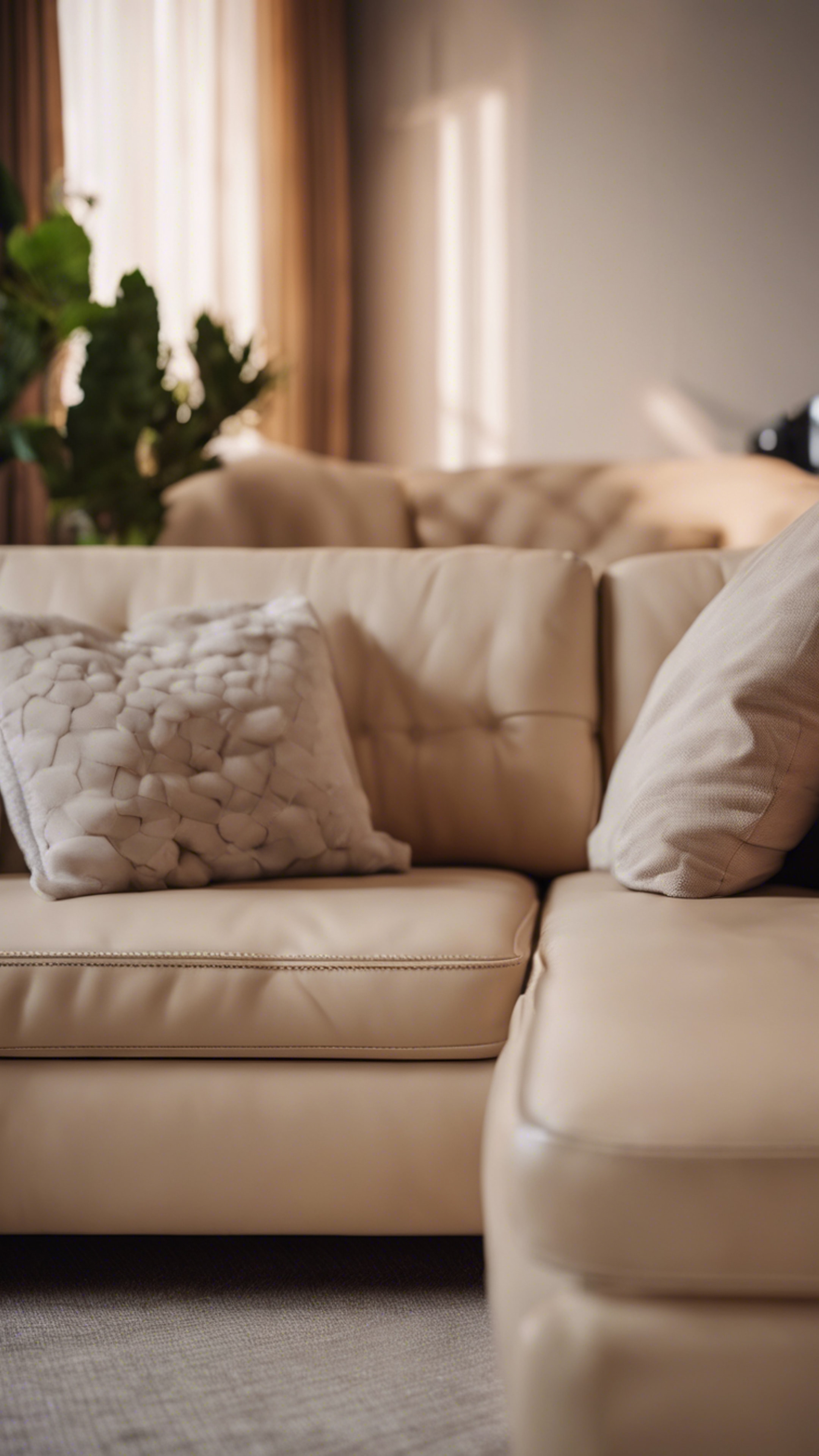 A new, beige leather sofa sitting cozily in a minimalist living room with warm lighting. 墙纸[50f9d766dce04faf8d3f]
