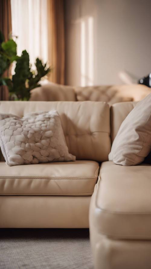 A new, beige leather sofa sitting cozily in a minimalist living room with warm lighting.