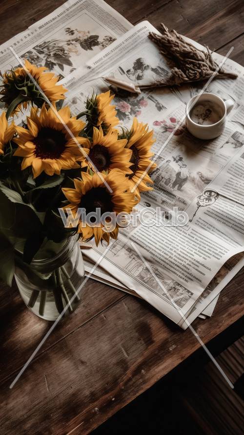 朝のコーヒーと新聞とテーブルのひまわり - 明るい朝を演出する壁紙