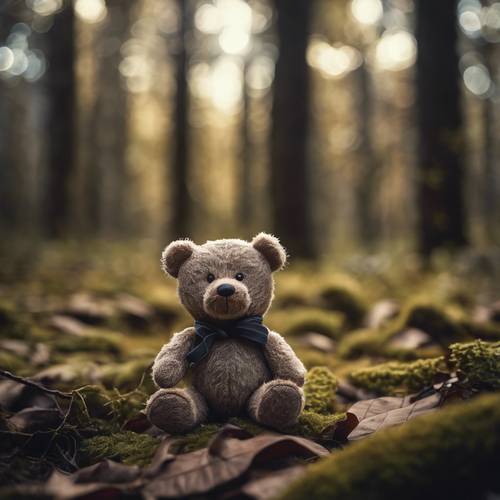 Um ursinho de pelúcia perdido e sozinho em uma floresta escura.