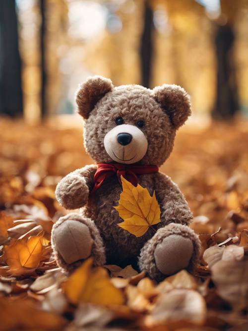 Um ursinho de pelúcia sentado entre folhas de outono.