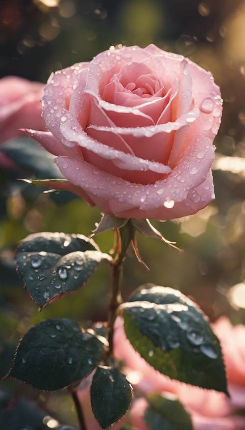 وردة وردية أنيقة في حديقة مضاءة بنور الشمس، مع قطرات الندى المتلألئة على بتلاتها.