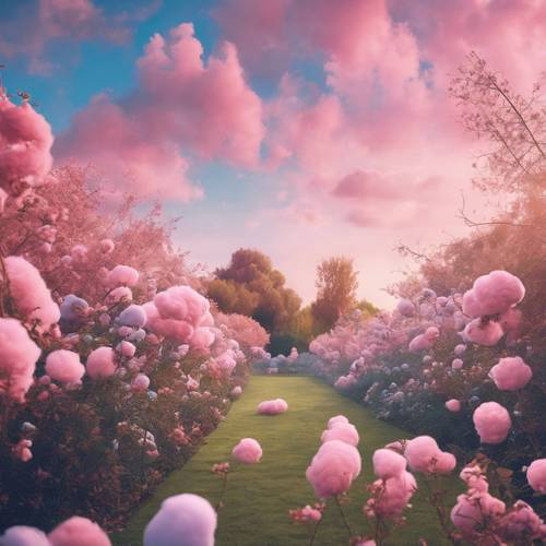 An image of a quiet garden under a dreamy, pink and blue cotton candy sky. Tapeta [e6302c2a361f45c0b6d3]