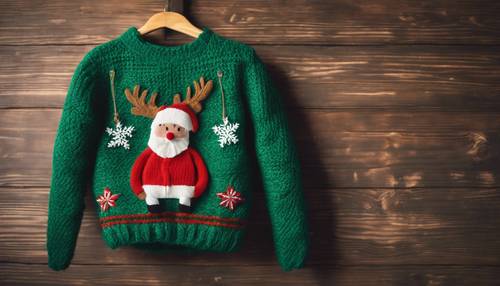 Un maglione natalizio verde lavorato a maglia su una gruccia di legno.