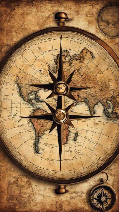 Stara mapa świata na starym zwoju, z dużą różą kompasową w jednym rogu.