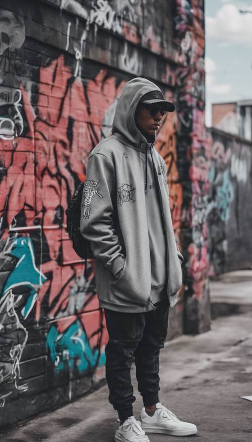 An aesthetic monochromatic gray streetwear style, in an urban backdrop with graffiti walls. Tapeta [860e1f25f359456ba881]