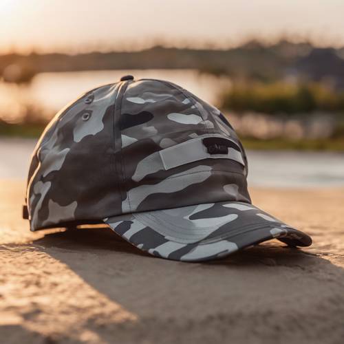 Une casquette de coureur avec un imprimé camouflage gris sous la lumière du coucher du soleil