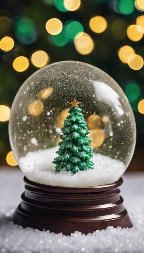 Một quả cầu tuyết có cây thông Noel xanh tươi vui vẻ bên trong.