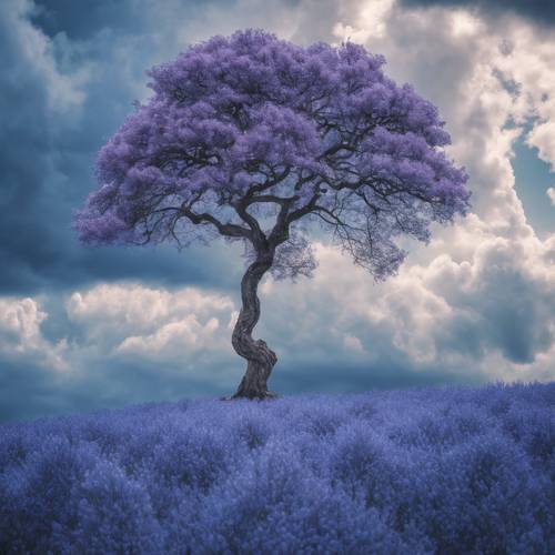 一棵孤独的树，矗立在长春花蓝色的滚滚云雾之下。