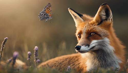 Ein Moment, in dem ein Fuchs neugierig einen flatternden Schmetterling betrachtet.