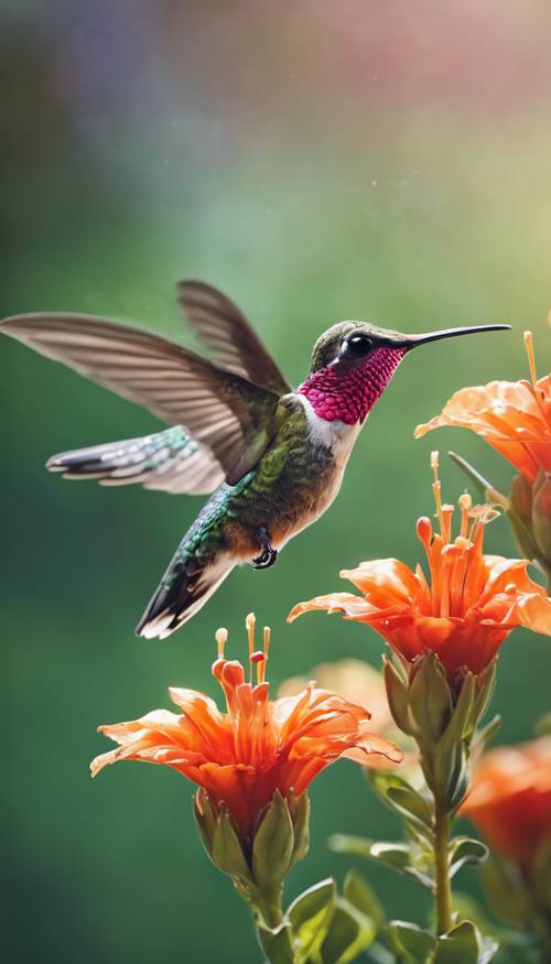 A hummingbird hovering in mid-air to drink nectar from a tropical flower. Tapeta [6a2dfe6dd23b4c958553]