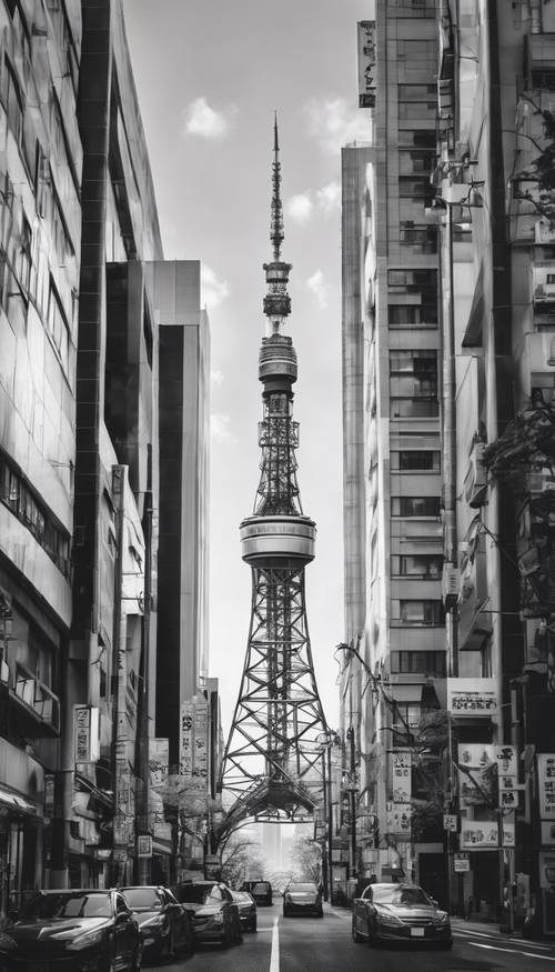 Ilustração da icônica Torre de Tóquio em preto e branco durante um dia movimentado