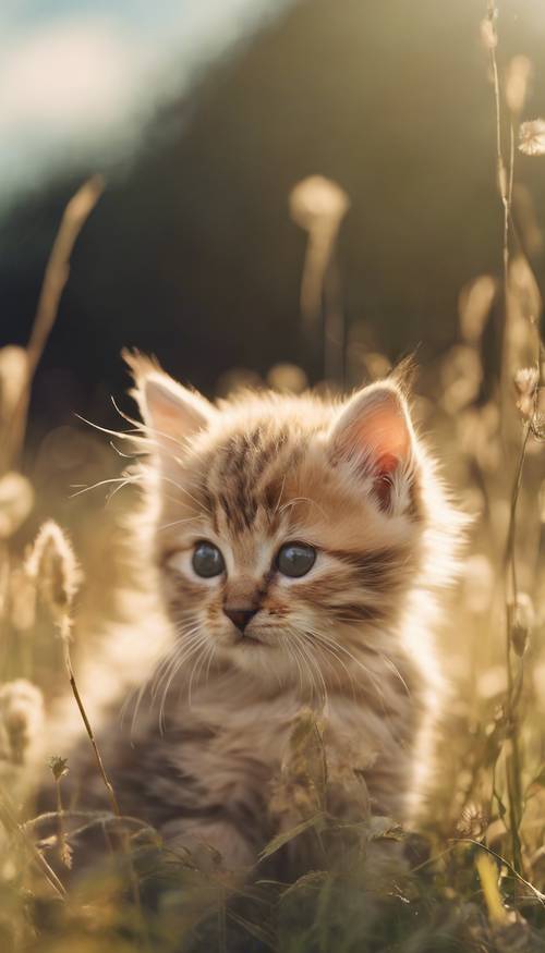 A tiny kitten with a fluffy tan fur featuring unique, camouflage-like patterns lounging in a sun-drenched meadow.
