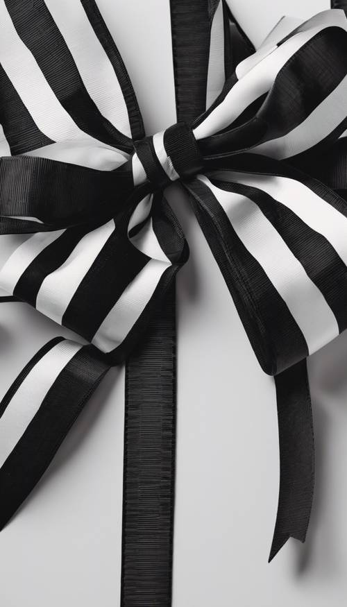 A closeup of a black striped square gift ribbon tied in a bow.
