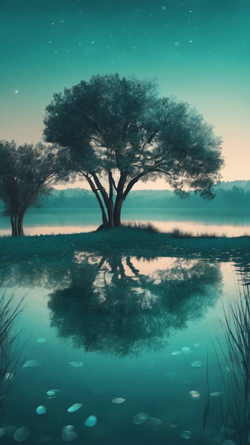 A serene teal landscape with a clear lake under a twilight sky.