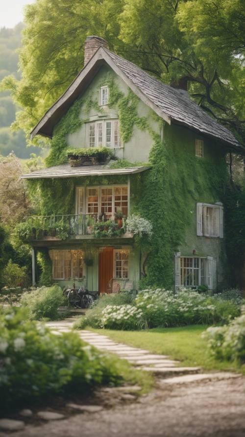 A quaint, sage green country cottage nestled amidst lush greenery during springtime.