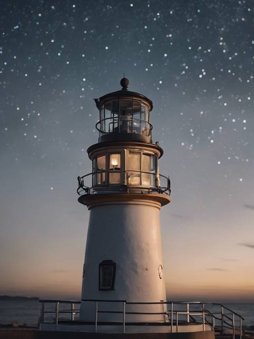 A tranquil scene of a lighthouse at dusk, with 'Calm seas never made a skilled sailor' scrawled in the sky amidst the twinkling stars. Wallpaper [56916fed75734e5ab124]