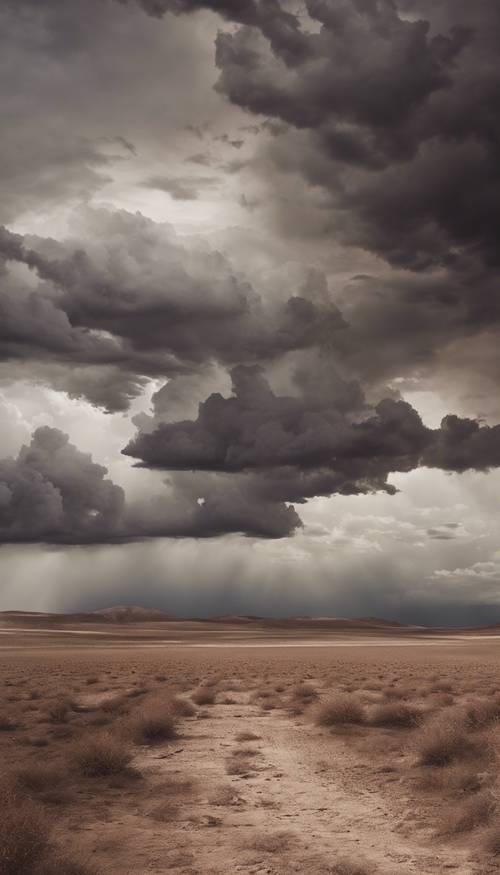 Nuvole grigie invadono un paesaggio marrone arido.