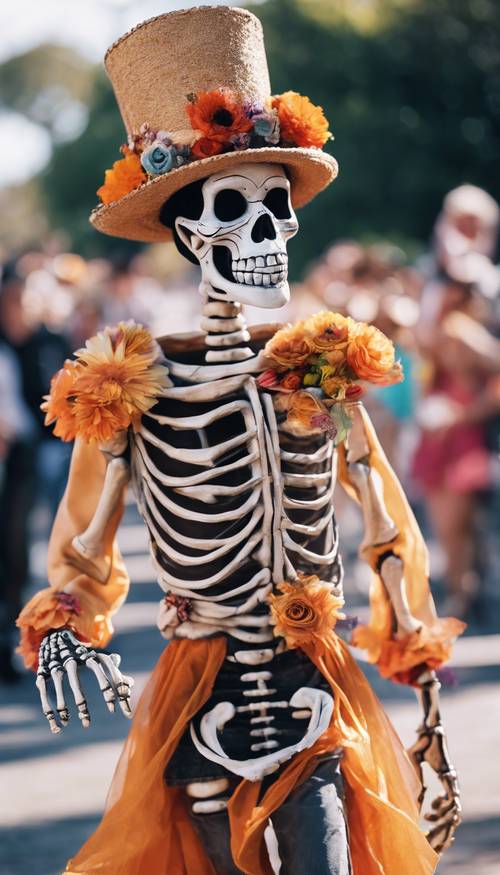 Un esqueleto bailando participando alegremente en el desfile del Día de los Muertos.