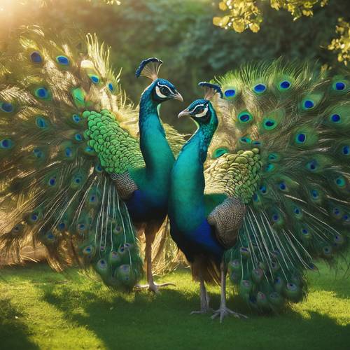 一对绿孔雀沐浴在清晨的阳光下，在花园里梳理羽毛。