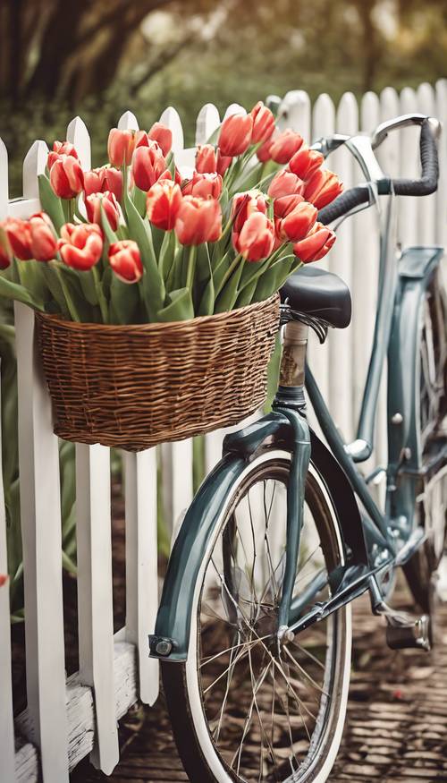 Ein Vintage-Fahrrad mit einem Weidenkorb voller frischer Tulpen lehnt an einem weißen Lattenzaun.