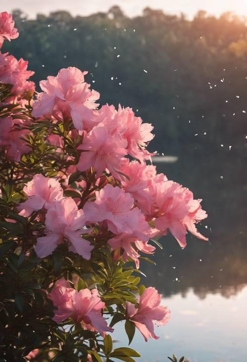 Azaleas blooming by a pristine lake during a calm sunrise.