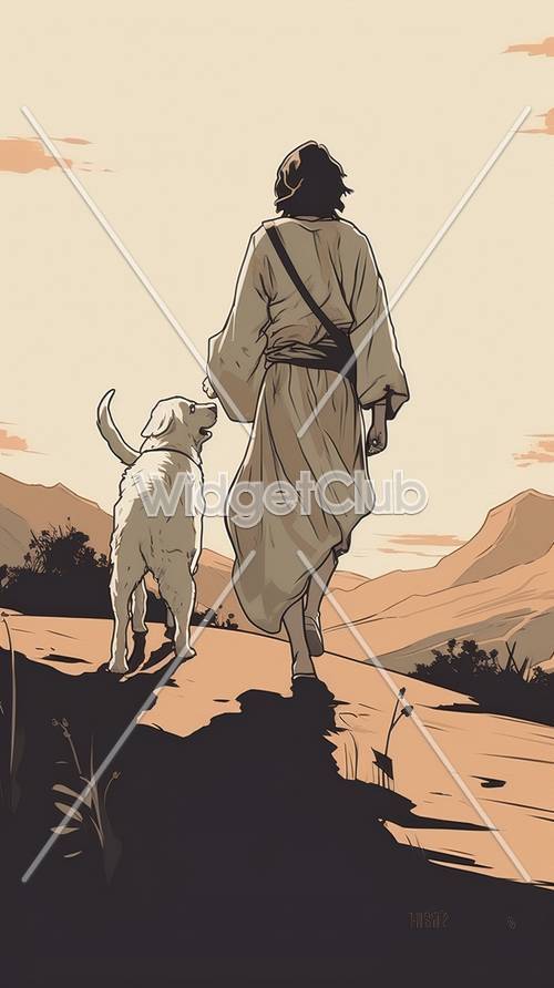 Passeggiata tranquilla in un paesaggio soleggiato con un cane e un monaco