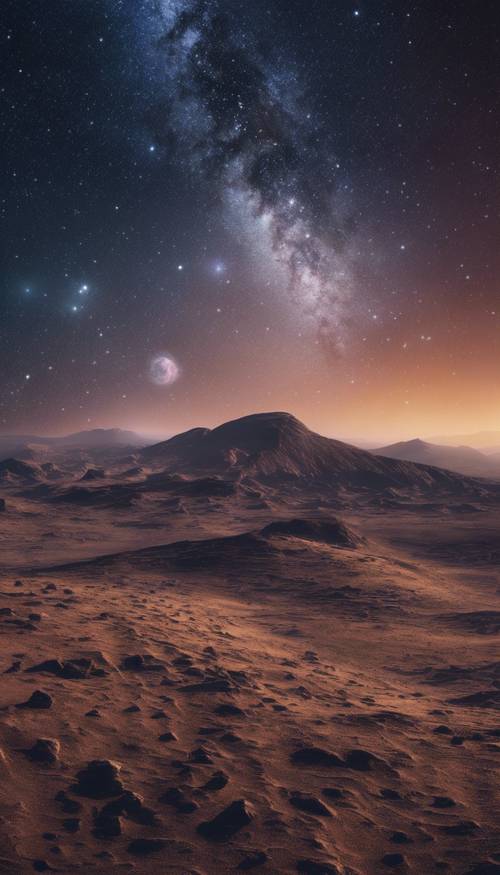 Un vaste paysage extraterrestre sous un ciel saphir profond parsemé d&#39;étoiles inconnues