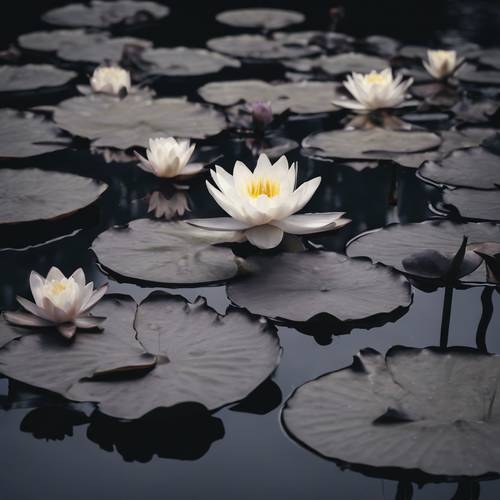 A serene moonlit scene of black water lilies floating on an ominously black, tranquil pond.